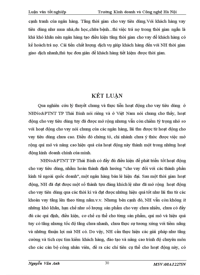 image for page Thực trạng cho vay tiêu dùng tại NHNo PTNT TP Thái Bình