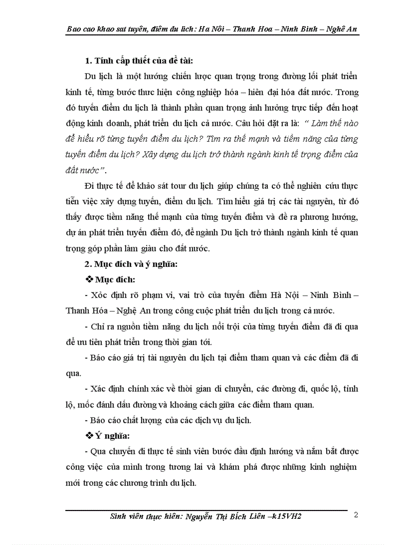 Báo cáo khảo sát tuyến điểm du lịch Hà Nội Thanh Hóa Ninh Bình Nghệ An