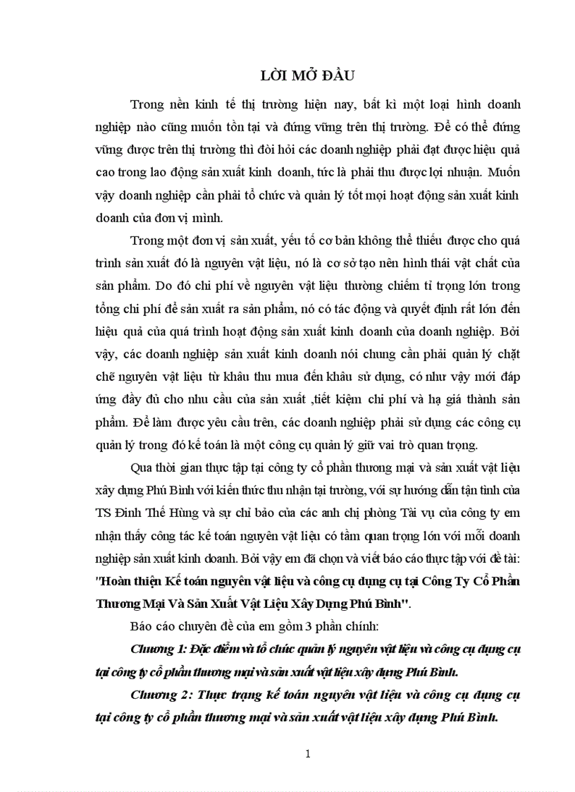 image for page Hoàn thiện Kế toán nguyên vật liệu và công cụ dụng cụ tại Công Ty Cổ Phần Thương Mại Và Sản Xuất Vật Liệu Xây Dựng Phú Bình 1