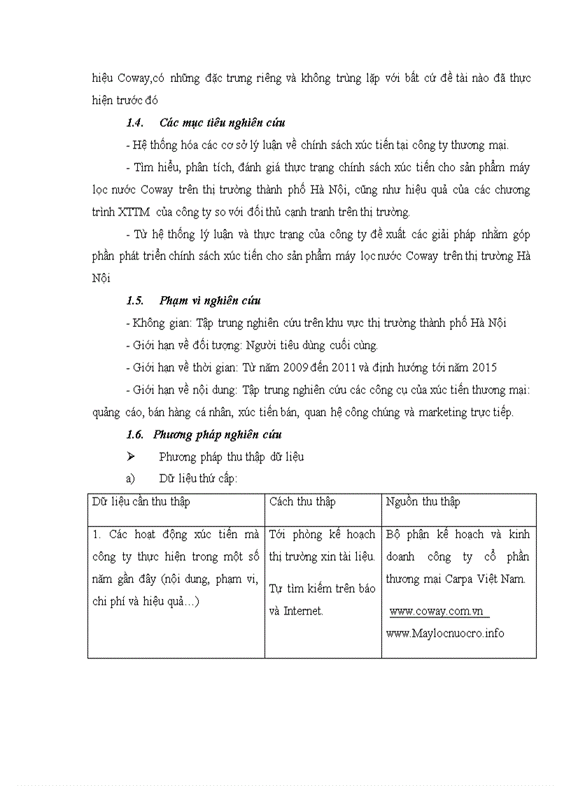 Phát triển chính sách xúc tiến sản phẩm máy lọc nước Coway tại thị trường Hà Nội của công ty cổ phần thương mại Carpa Việt Nam