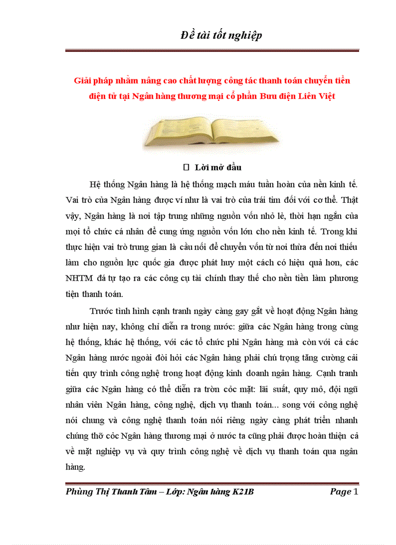 Giải pháp nhằm nâng cao chất lượng công tác thanh toán chuyển tiền điện tử tại Ngân hàng thương mại cổ phần Bưu điện Liên Việt