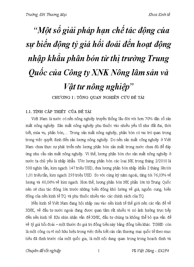 Một số giải pháp hạn chế tác động cúa sự biến động tỷ giá hối đoái đến hoạt động nhập khẩu phân bón từ thị trường Trung Quốc của Công ty XNK Nông lâm sản và Vật tư nông nghiệp 1