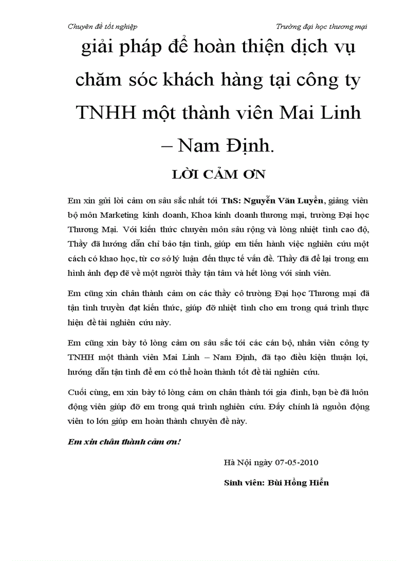 Giải pháp để hoàn thiện dịch vụ chăm sóc khách hàng tại công ty TNHH một thành viên Mai Linh Nam Định 1