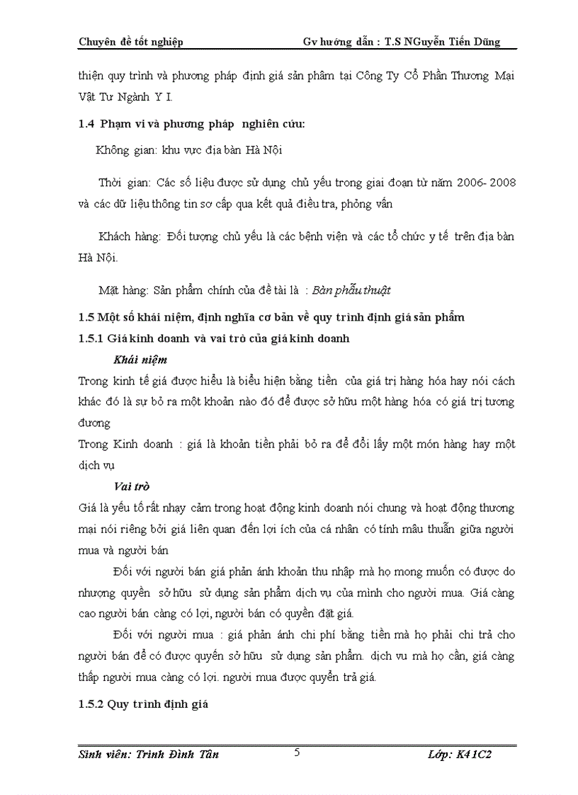 Phát triển quy trình định giá sản phẩm bàn phẫu thuật ở công ty cổ phần thương mại vật tư ngành y I trên địa bàn Hà Nội 1