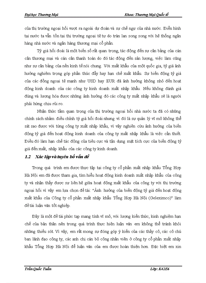 Ảnh hưởng của biến động tỷ giá đến hoạt động xuất khẩu của Công ty cổ phần xuất nhập khẩu Tổng Hợp Hà Nội Geleximco 6