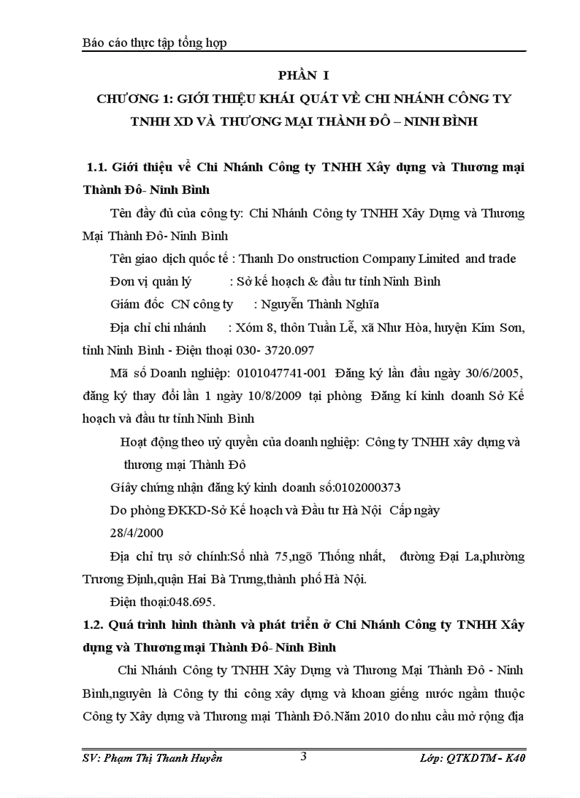Báo cáo thực tập tổng hợp tại chi nhánh công ty tnhh xd và thương mại thành đô ninh bình