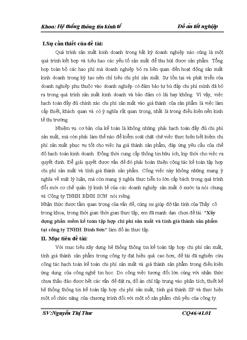 Xây dựng phần mềm kế toán tập hợp chi phí sản xuất và tính giá thành sản phẩm tại công ty TNHH Bình Sơn 1