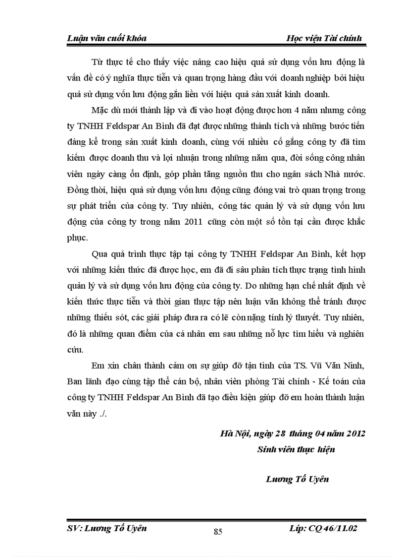 image for page Một số giải pháp nhằm nâng cao hiệu quả sử dụng vốn lưu động tại công ty TNHH Feldspar An Bình 1