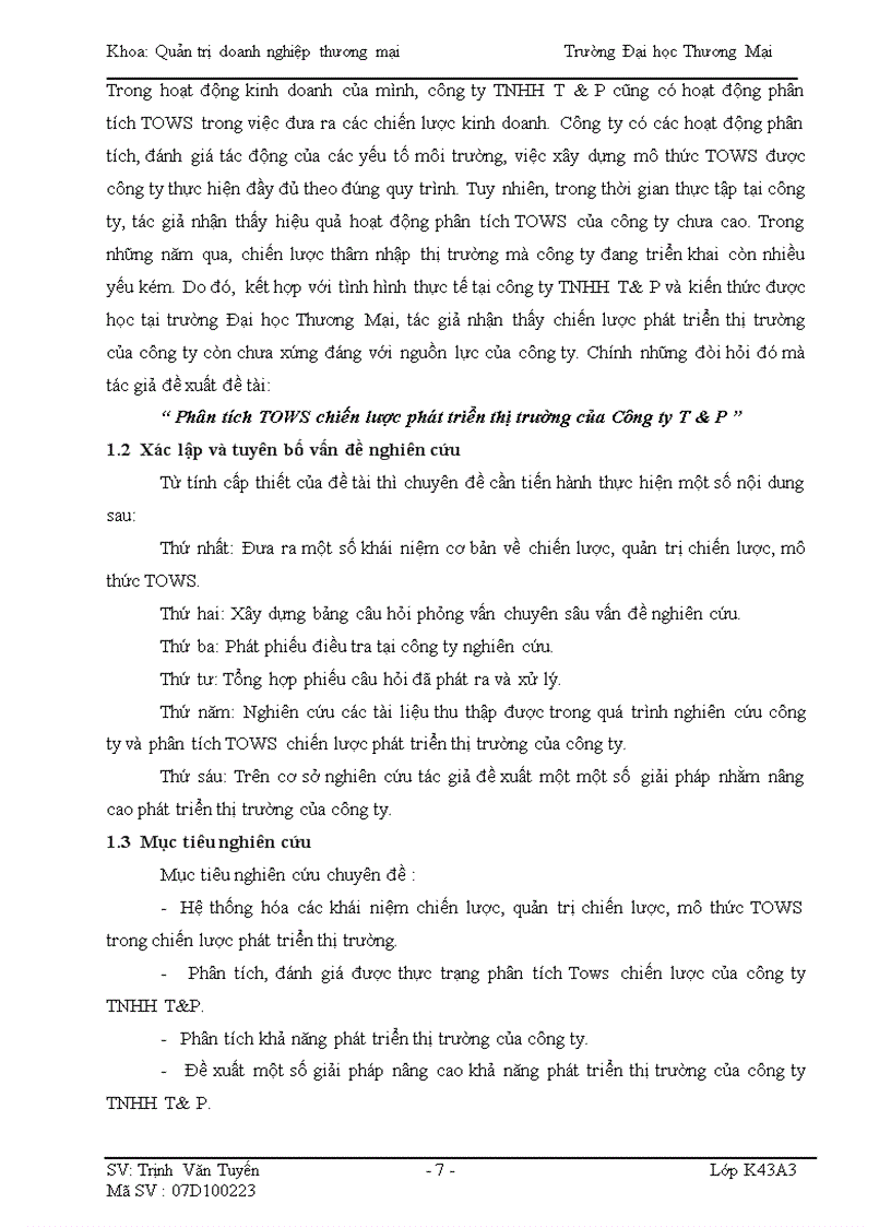 image for page Phân tích TOWS chiến lược phát triển thị trường của Công ty T P