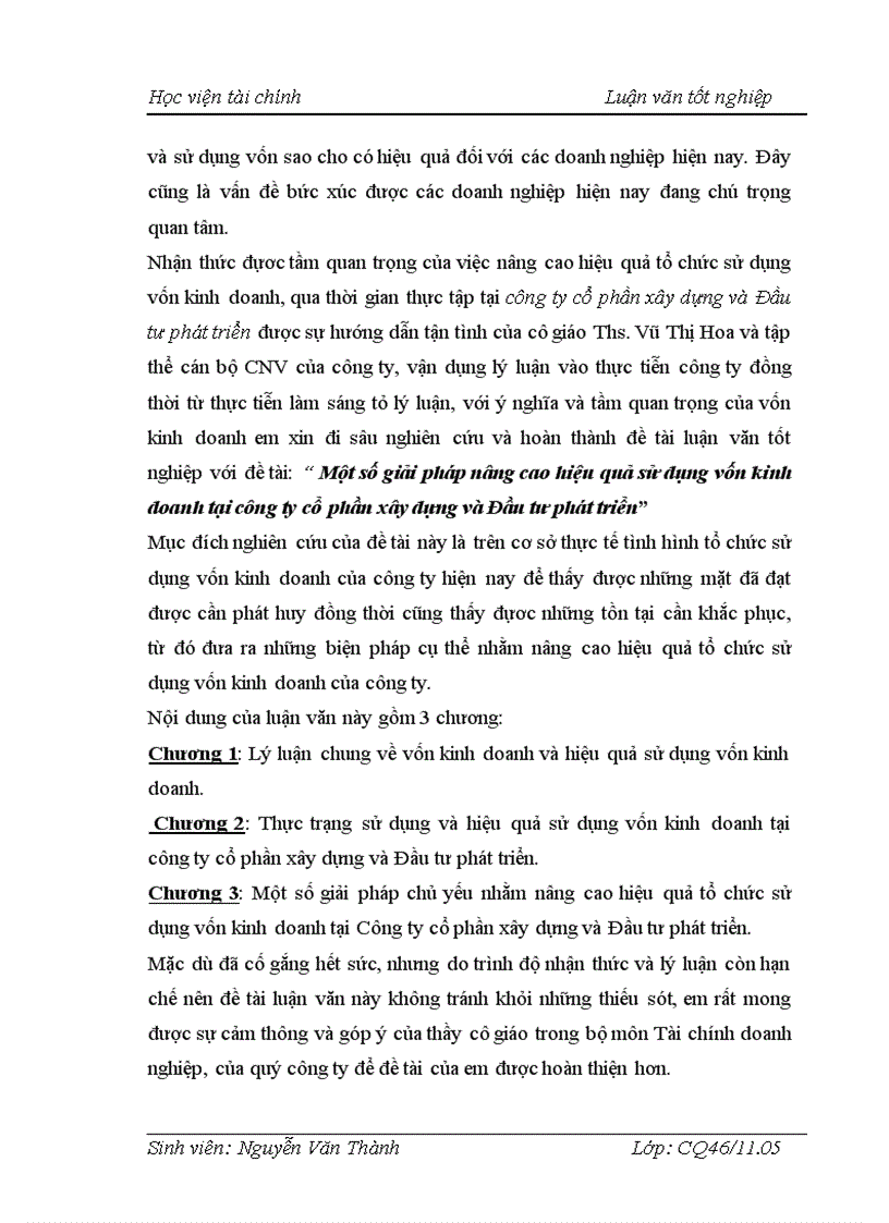 Một số giải pháp nâng cao hiệu quả sử dụng vốn kinh doanh tại công ty cổ phần xây dựng và Đầu tư phát triển 3