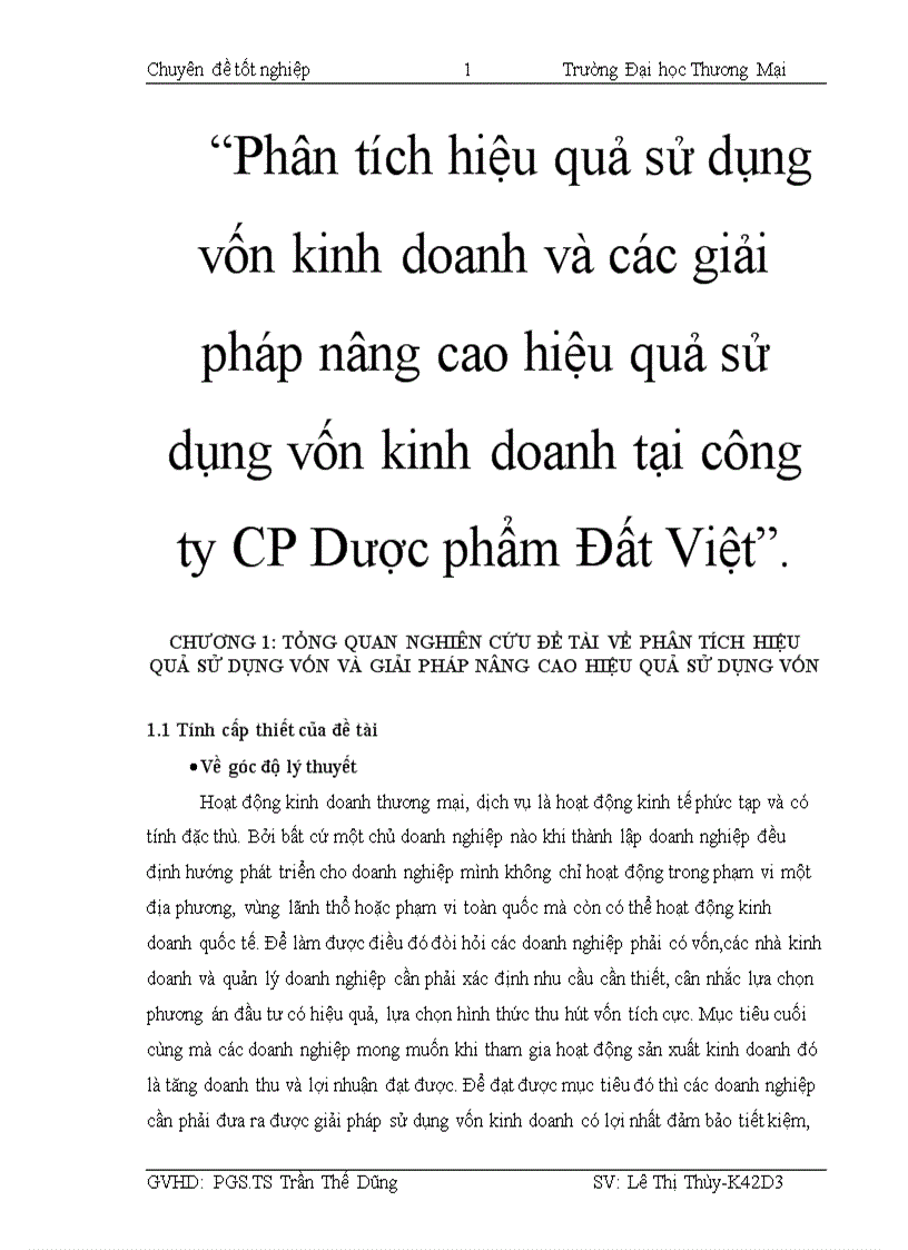 Phân tích hiệu quả sử dụng vốn kinh doanh và các giải pháp nâng cao hiệu quả sử dụng vốn kinh doanh tại công ty CP Dược phẩm Đất Việt 4