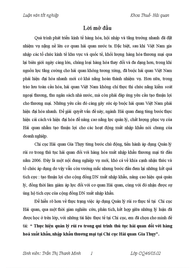 image for page Thực hiện quản lý rủi ro trong qui trình thủ tục hải quan đối với hàng hoá xuất khẩu nhập khẩu thương mại tại Chi cục Hải quan Gia Thuỵ 1