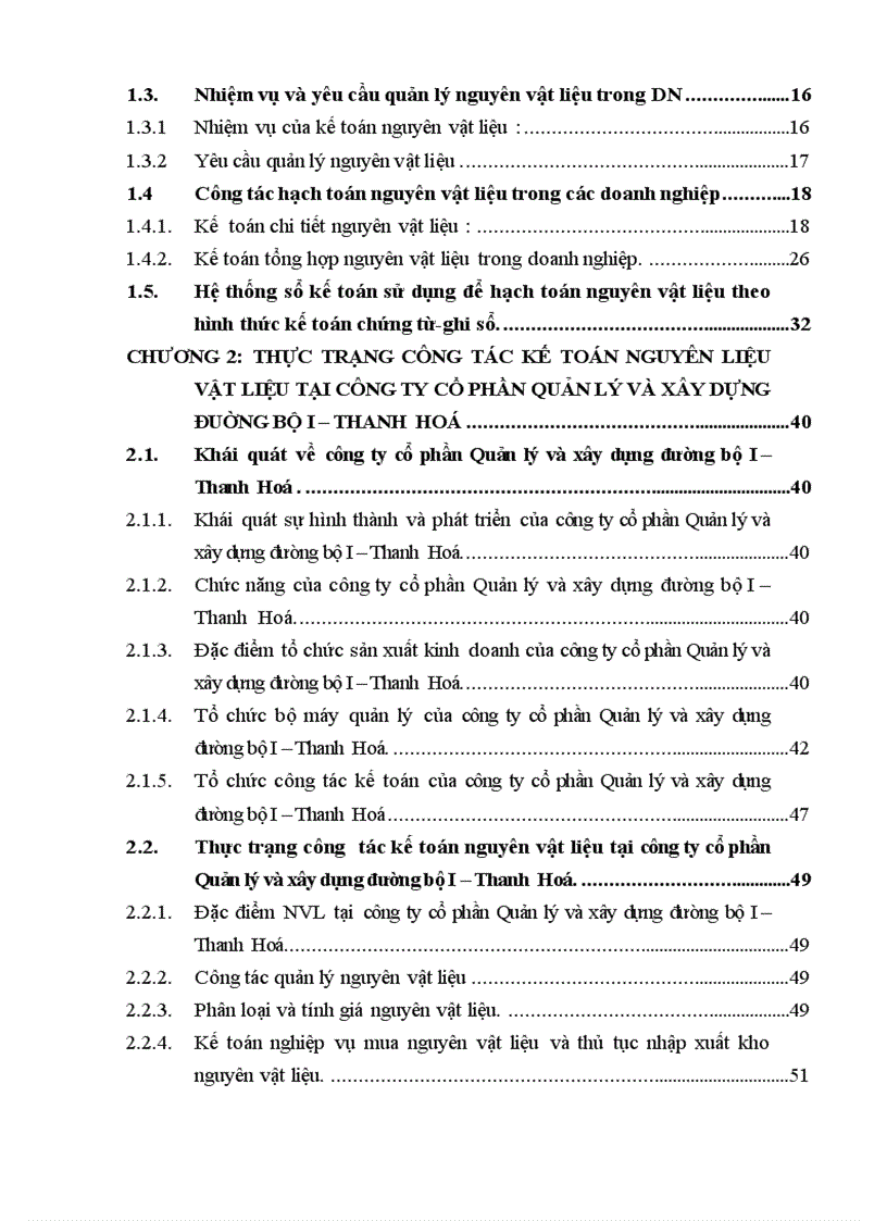 Thực trạng và một số giải pháp góp phần hoàn thiện công tác kế toán NVL tại công ty cổ phần Quản lý và xây dựng đường bộ I Thanh Hoá