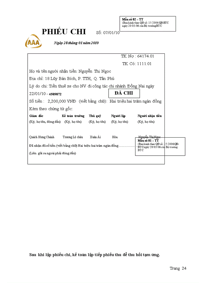 image for page Kế toán vốn bằng tiền tại Công ty TNHHDược Phẩm AAA