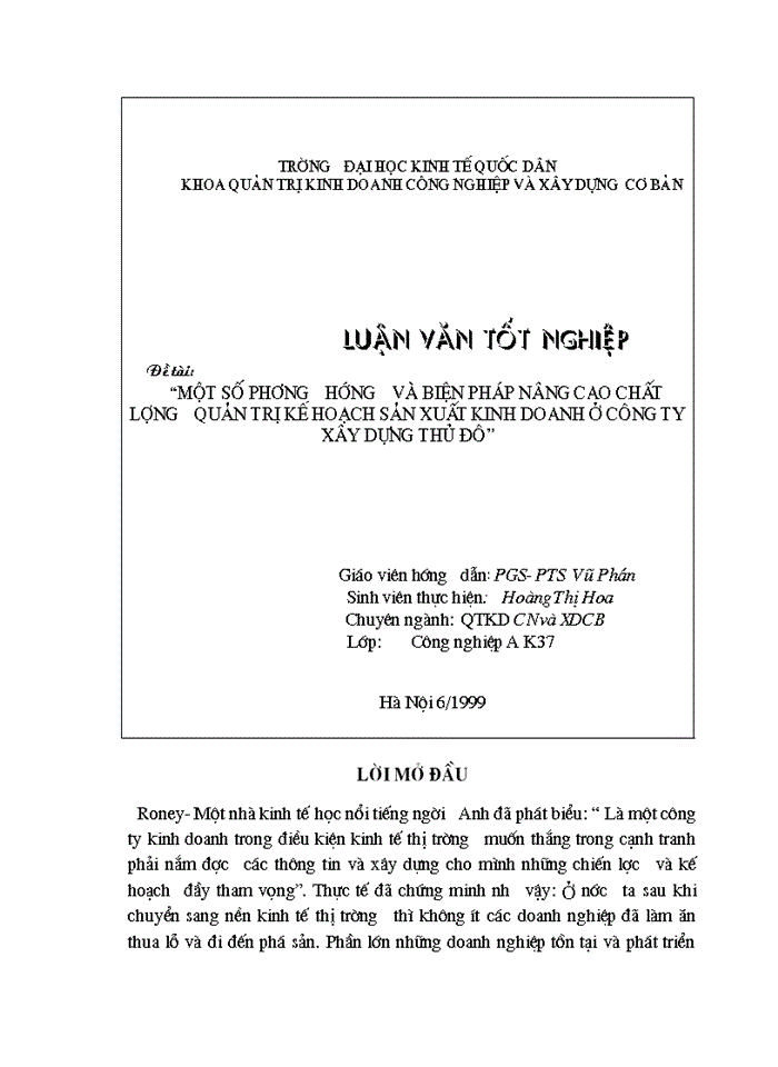 Một số phương hướng và biện pháp nâng cao chất lượng quản trị kế hoạch sản xuất kinh doanh ở công ty xây dựng Thủ Đô