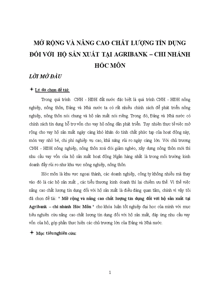 Mở rộng và nâng cao chất lượng tín dụng đối với hộ sản xuất tại Agribank – chi nhánh Hóc Môn