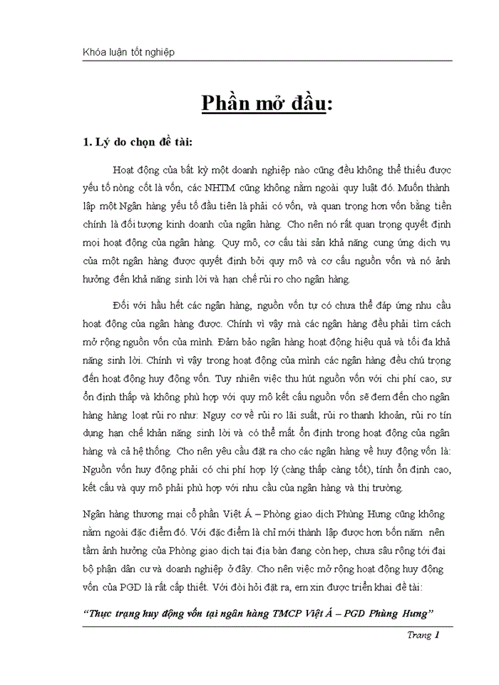 Thực trạng huy động vốn tại ngân hàng TMCP Việt Á phòng giao dịch Phùng Hưng