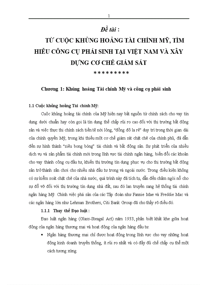 Từ cuộc khủng hoảng tài chính mỹ, tìm hiễu công cụ phái sinh tại việt nam và xây dựng cơ chế giám sát