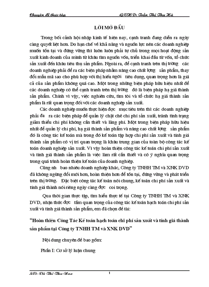 Hoàn thiện Công tác Kế toán hạch toán chi phí sản xuất và tính giá thành sản phẩm