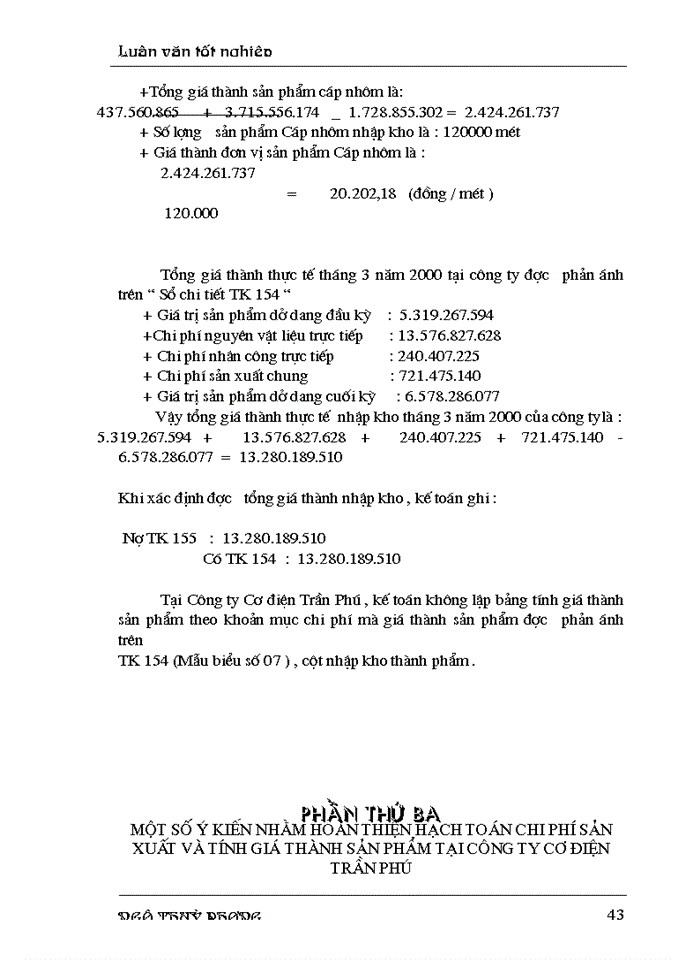image for page Hoàn thiện công tác tổ chức chi phí sản xuất  và tính giá thành sản phẩm ở Công ty Cơ điện Trần Phú