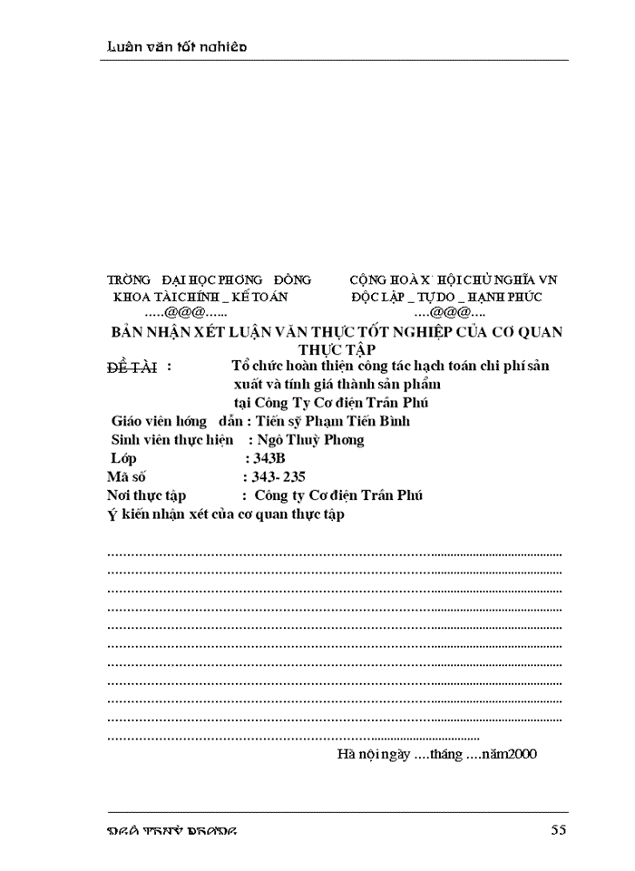 image for page Hoàn thiện công tác tổ chức chi phí sản xuất  và tính giá thành sản phẩm ở Công ty Cơ điện Trần Phú