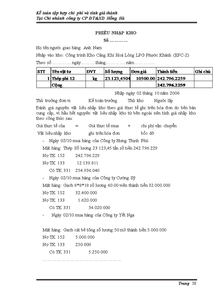 image for page Kế tóan tấp hợp chi phí & tính giá thành sản phẩm tại chi nhánh công ty cổ phần đầu tư và xây dựng Hồng Hà
