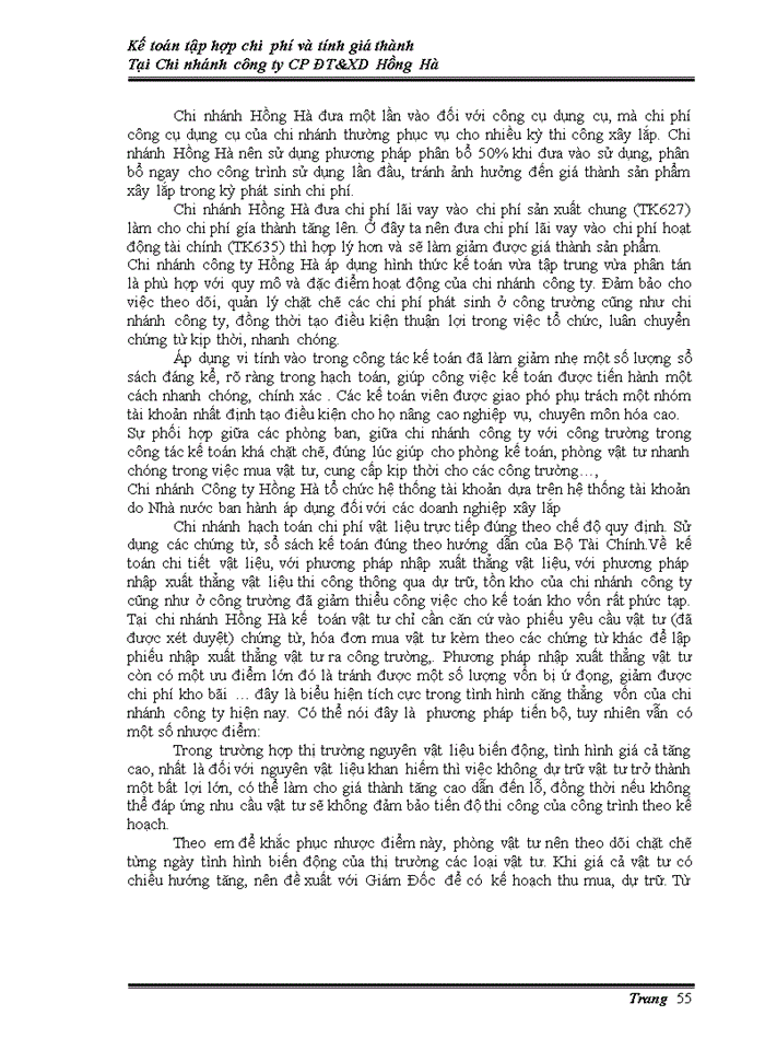 image for page Kế tóan tấp hợp chi phí & tính giá thành sản phẩm tại chi nhánh công ty cổ phần đầu tư và xây dựng Hồng Hà