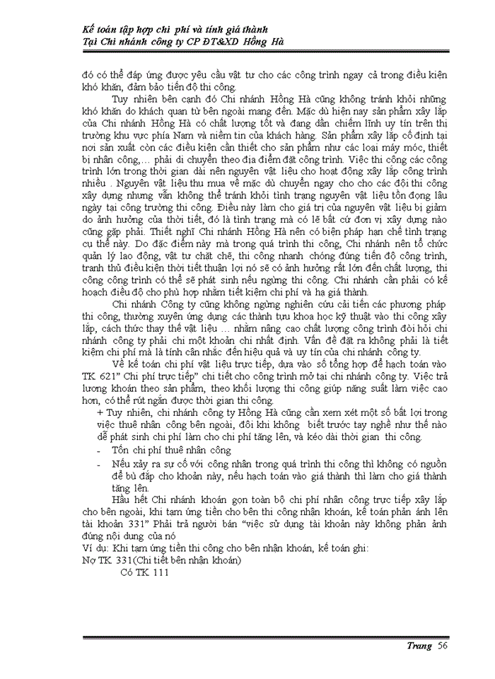 image for page Kế tóan tấp hợp chi phí & tính giá thành sản phẩm tại chi nhánh công ty cổ phần đầu tư và xây dựng Hồng Hà