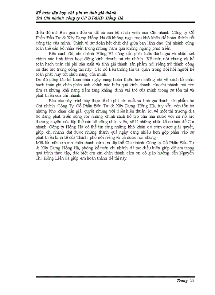 image for page Kế tóan tấp hợp chi phí & tính giá thành sản phẩm tại chi nhánh công ty cổ phần đầu tư và xây dựng Hồng Hà