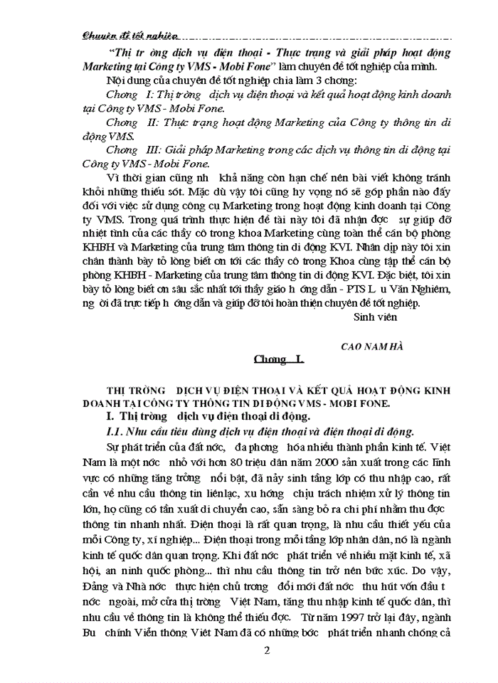 Thị trường dịch vụ điện thoại - Thực trạng và giải phỏp hoạt động Marketing tại Cụng ty VMS - Mobi Fone