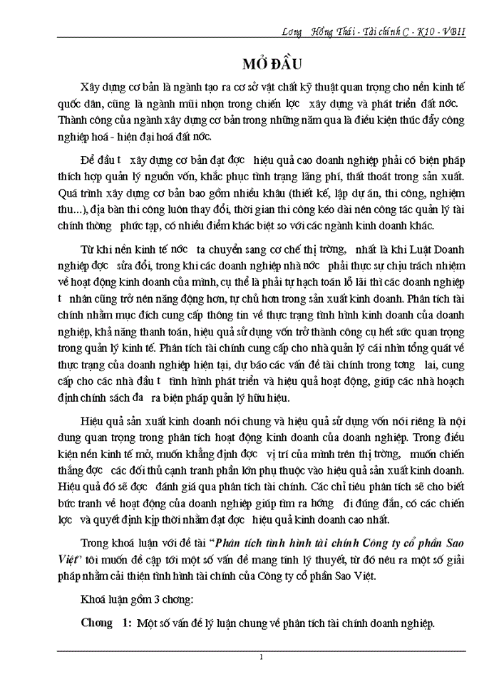 image for page Phân tích tình hình tài chính Công ty cổ phần Sao Việt