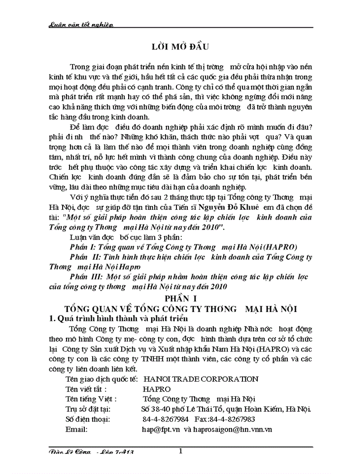 Một số giải pháp hoàn thiện cụng tỏc lập chiến lược kinh doanh của Tổng cụng ty Thương mại Hà Nội từ nay đến 2010