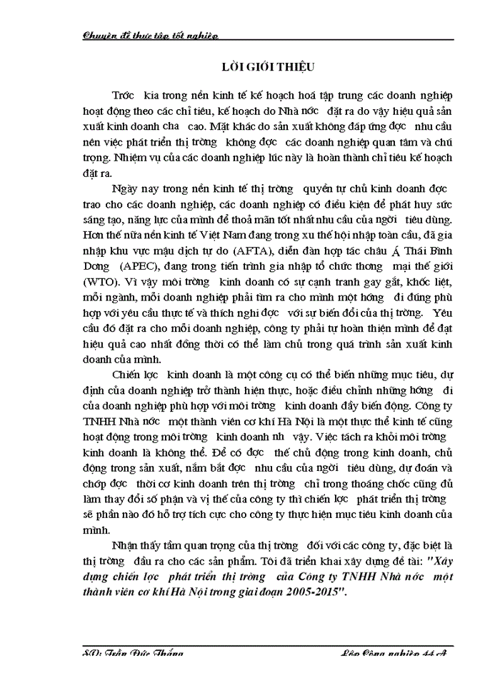 Xây dựng chiến lược phát triển thị trường của Công ty TNHH Nhà nước một thành viên cơ khí Hà Nội trong giai đoạn 2005-2015