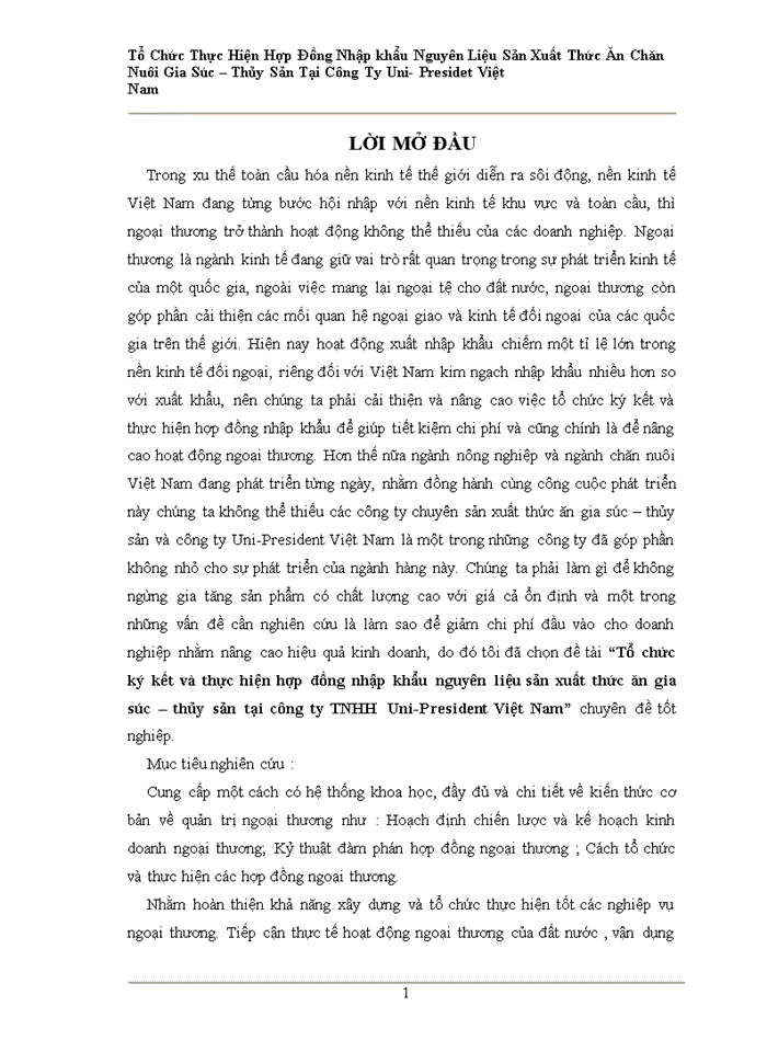 image for page Tổ chức ký kết và thực hiện hợp đồng nhập khẩu nguyên liệu sản xuất thức ăn gia súc – thủy sản tại công ty TNHH Uni-President Việt Nam