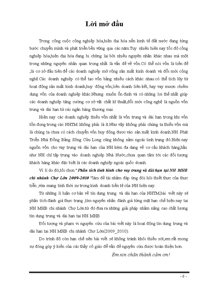 Phân tích tình hình cho vay trung và dài hạn tại NH MHB chi nhánh Chợ Lớn 2009-2010