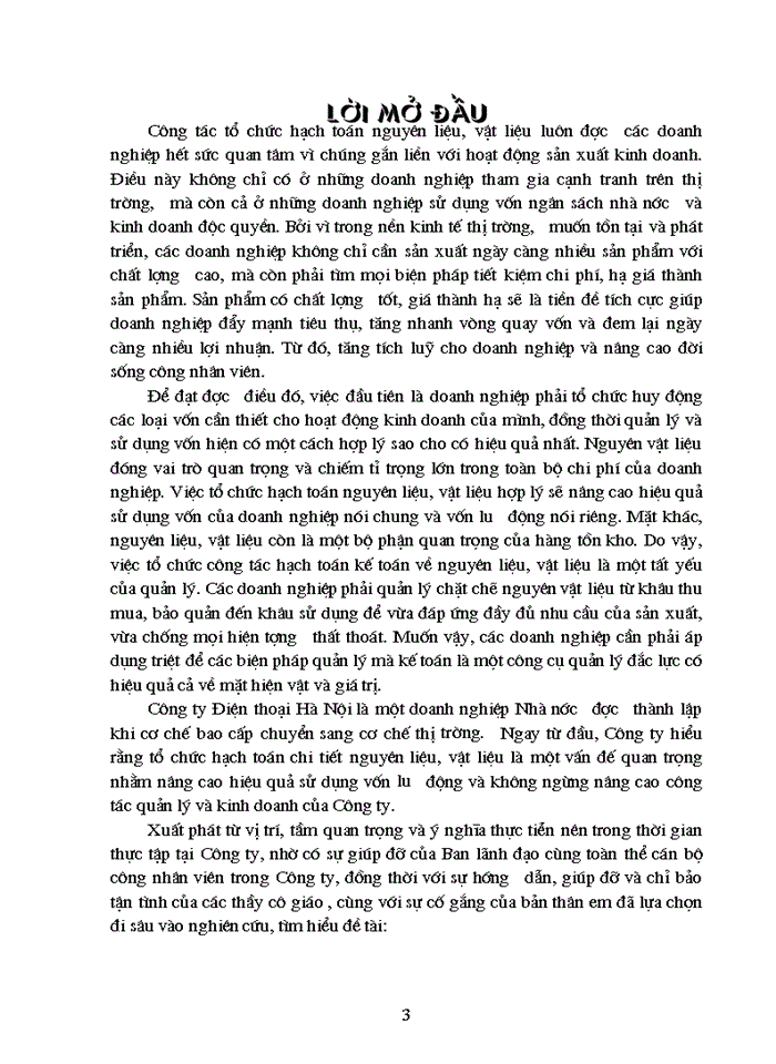 Hạch toán chi tiết nguyên liệu, vật liệu với việc nâng cao hiệu quả sử dụng vốn lưu động trong sản xuất kinh doanh tại Công ty Điện thoại Hà Nội