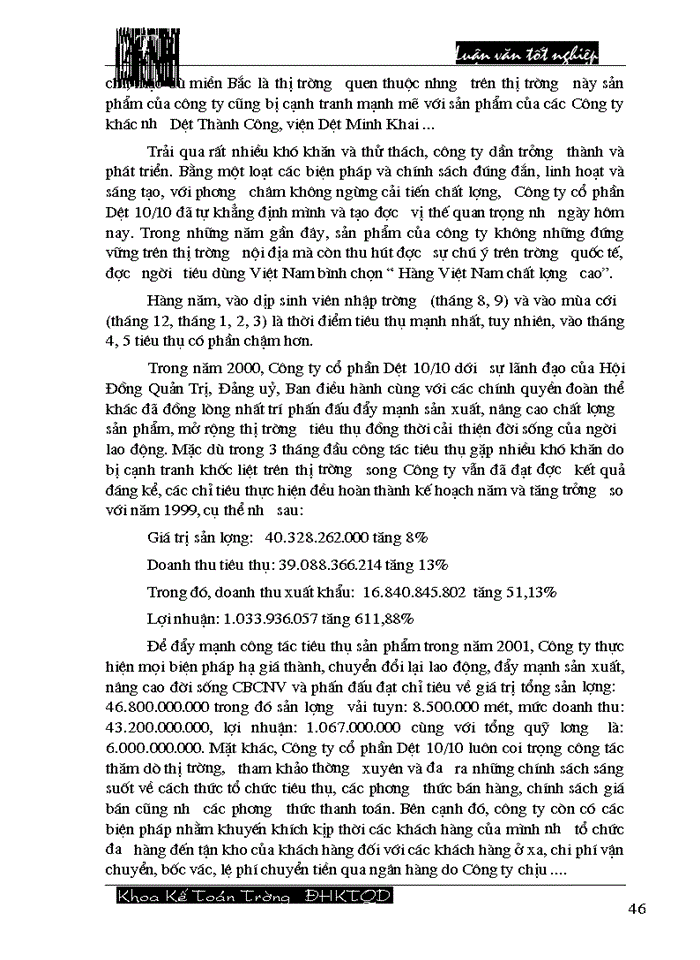 image for page Hoàn thiện công tác hạch toán tiêu thụ thành phẩm và xác định kết quả tiêu thụ tại Công ty cổ phần Dệt 10/10