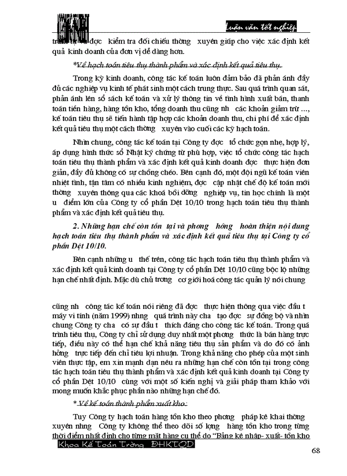 image for page Hoàn thiện công tác hạch toán tiêu thụ thành phẩm và xác định kết quả tiêu thụ tại Công ty cổ phần Dệt 10/10