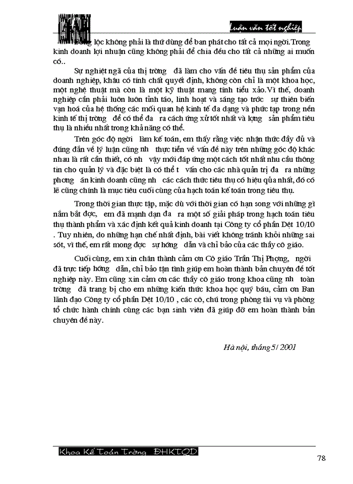 image for page Hoàn thiện công tác hạch toán tiêu thụ thành phẩm và xác định kết quả tiêu thụ tại Công ty cổ phần Dệt 10/10