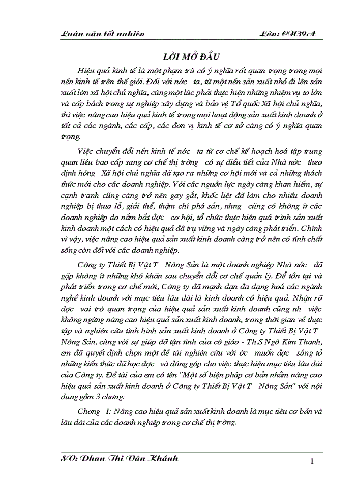 Một số biện pháp cơ bản nhằm nâng cao hiệu quả sản xuất kinh doanh ở Công ty Thiết Bị Vật Tư Nông Sản