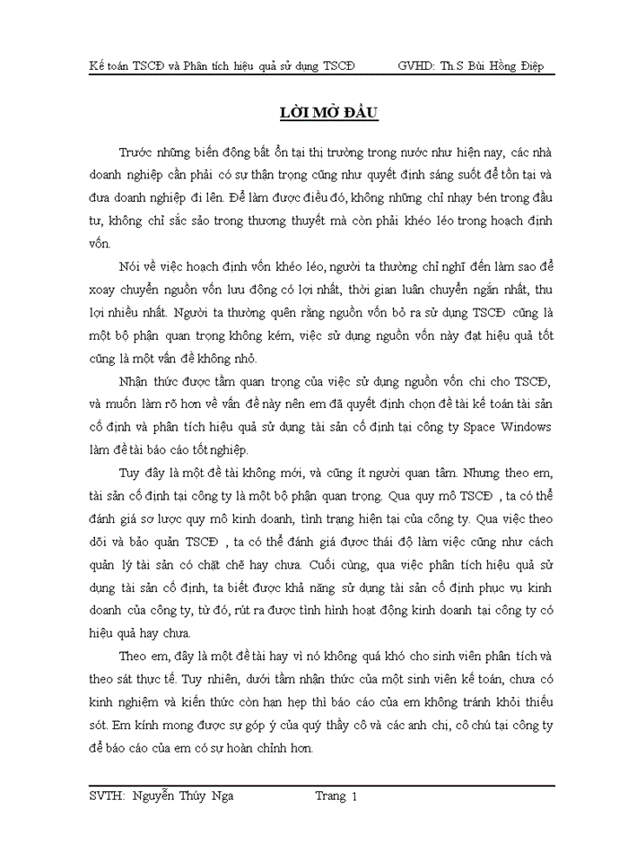 Kế toán tscđ và phân tích hiệu quả sử dụng tscđ tại công ty space  window