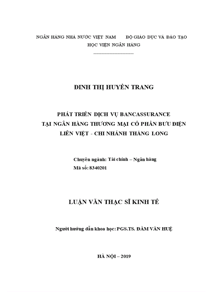 Phát triển dịch vụ bancassurance tại ngân hàng thương mại cổ phần bưu điện liên việt - chi nhánh thăng long 2019