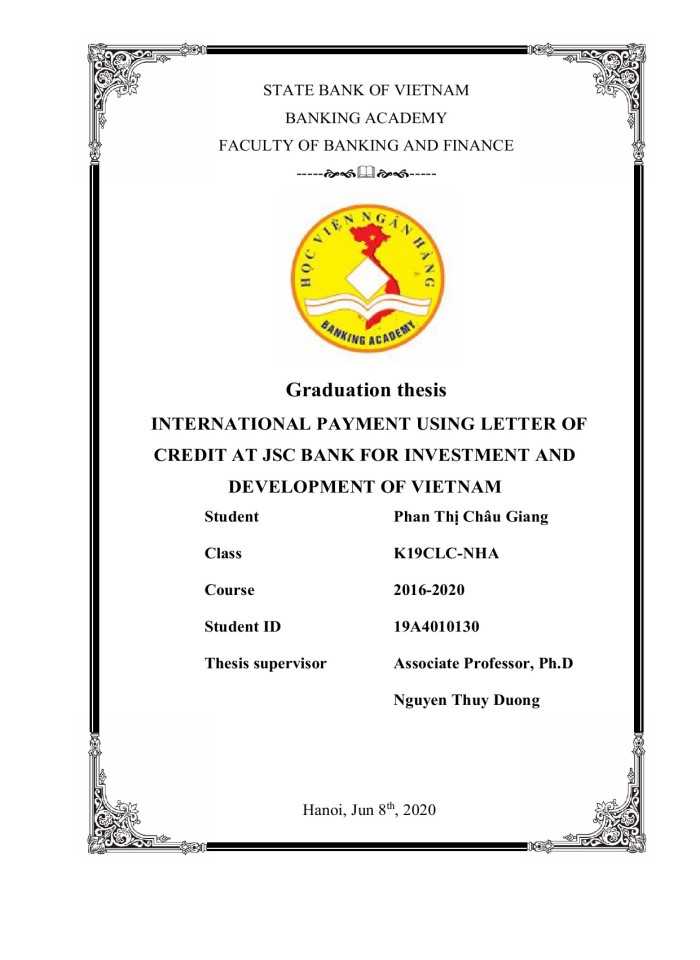 International payment using letter of credit at jsc bank for investment and development of Viet Nam 2020