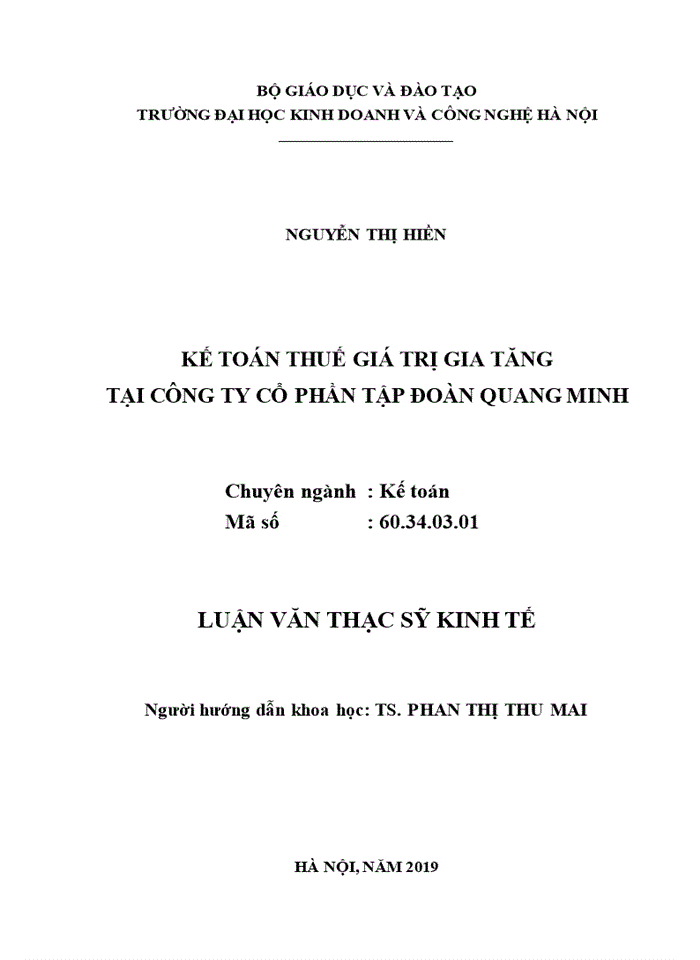 Kế toán thuế giá trị gia tăng tại công ty cổ phần tập đoàn quang minh 2019