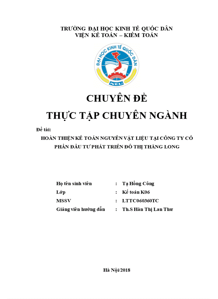 Hoàn thiện kế toán nguyên vật liệu tại công ty cổ phần đầu tư phát triển đô thị thăng long 2018