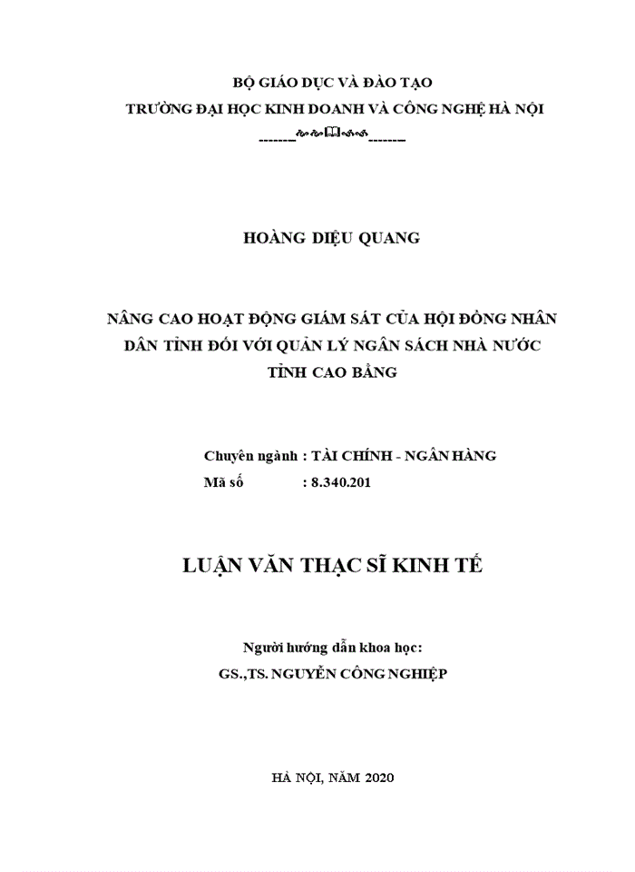 Nâng cao hoạt động giám sát của hội đồng nhân dân tỉnh đối với quản lý ngân sách nhà nước tỉnh cao bằng  2020