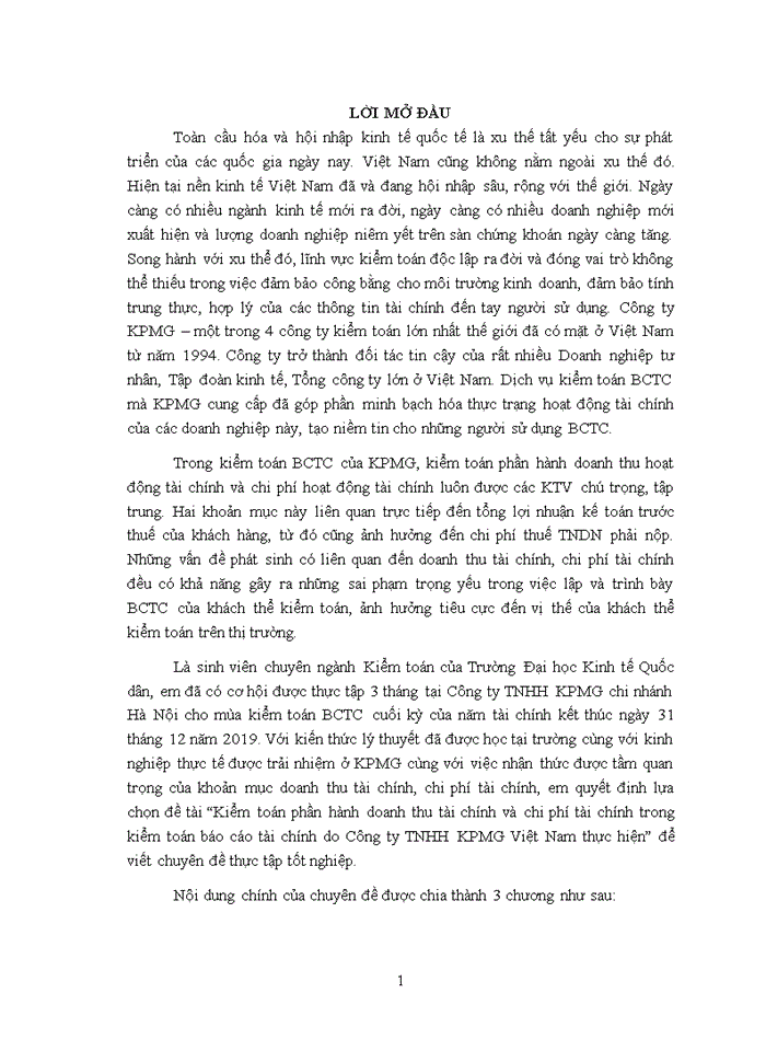 Kiểm toán phần hành doanh thu tài chính và chi phí tài chính trong kiểm toán báo cáo tài chính do công ty tnhh kpmg việt nam thực hiện 2020