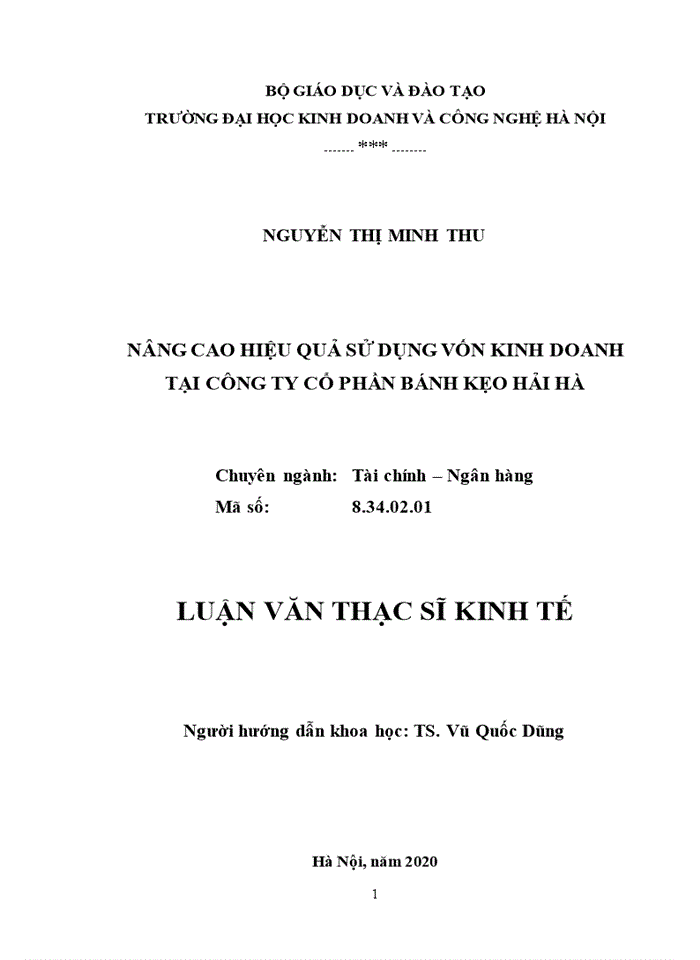 Nâng cao hiệu quả sử dụng vốn kinh doanh tại công ty cổ phần bánh kẹo hải hà 2020