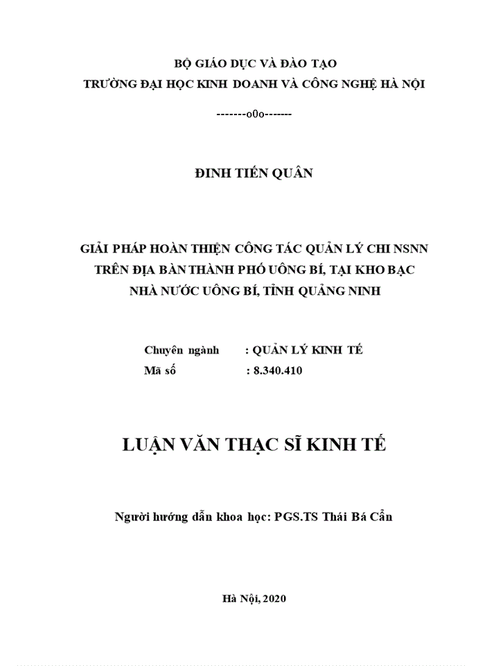 Giải pháp hoàn thiện công tác quản lý chi nsnn trên địa bàn thành phố uông bí, tại kho bạc nhà nước uông bí, tỉnh quảng ninh 2020