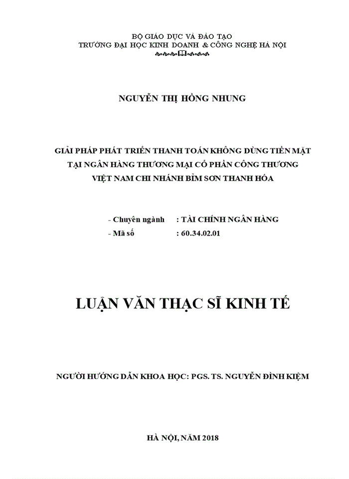 Giải pháp phát triển thanh toán không dùng tiền mặt tại ngân hàng thương mại cổ phần công thương việt nam chi nhánh bỉm sơn thanh hóa 2018